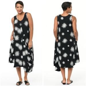 Snapdragon & Twig Angelina Dress Asymmetrical Draping Black Mini Scribble - XS